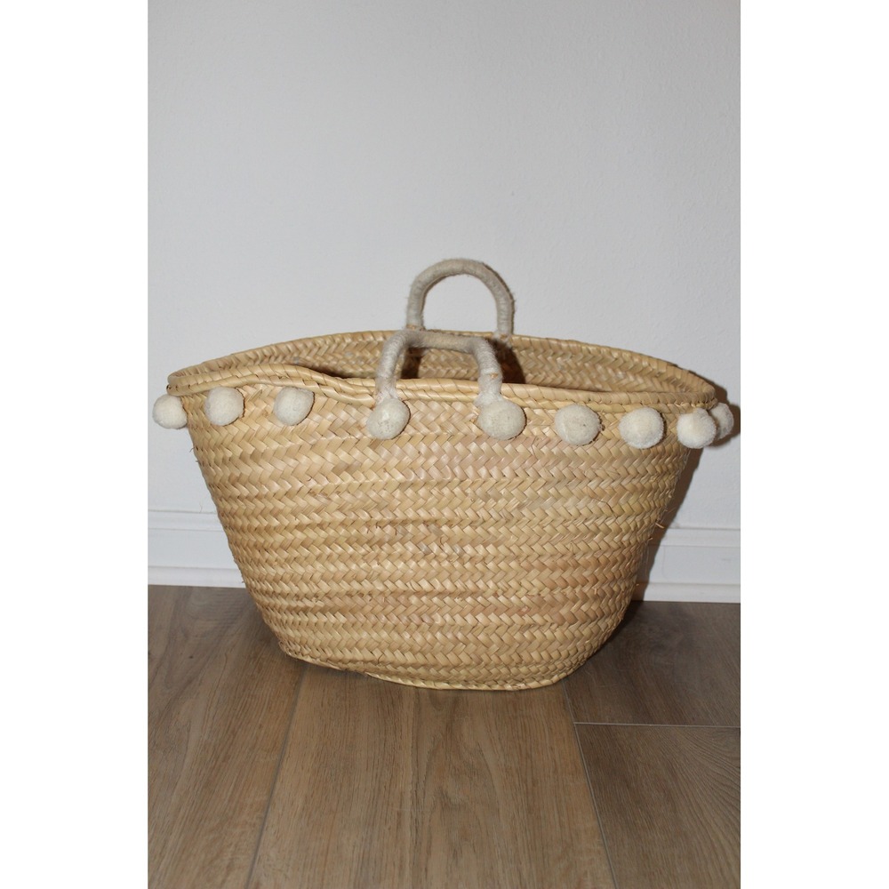 Handmade Woven Straw Basket Tote Bag Cream Pom Pom Accents Natural Tan Large